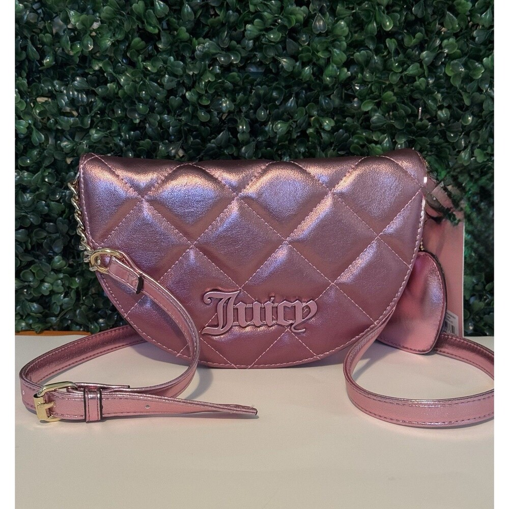 Juicy Couture Pink Quilted Crossbody Saddle Bag‎ Y2K Heart Charm